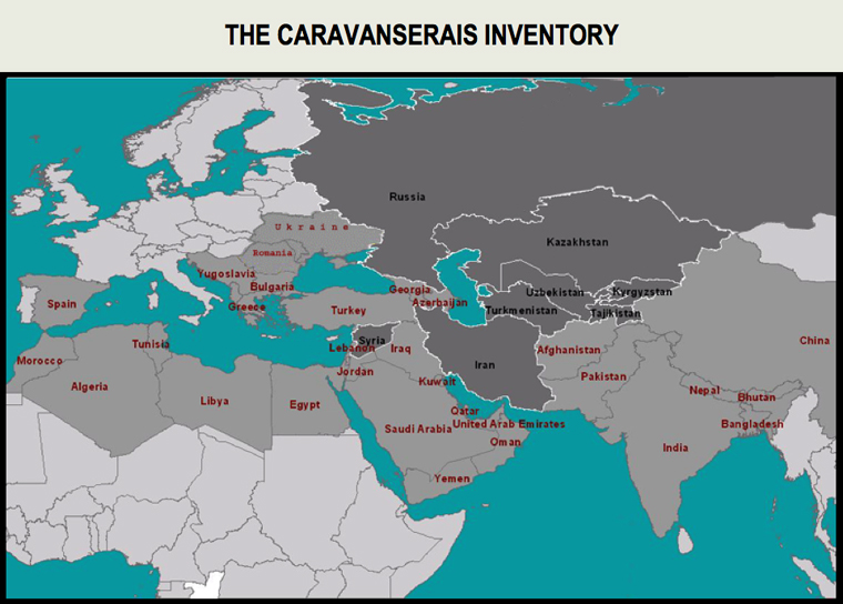 Countries in light grey are potentially concerned by the caravanserais inventory project.<br>The dark grey indicates countries already involved in the inventory.<br>Image and data processing from CIERAM.